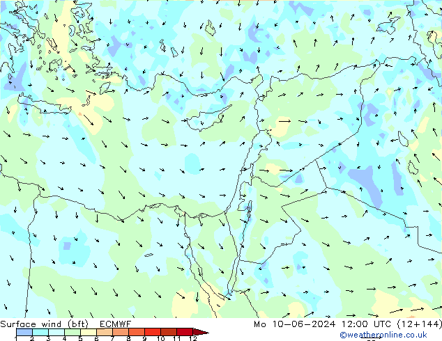 Viento 10 m (bft) ECMWF lun 10.06.2024 12 UTC