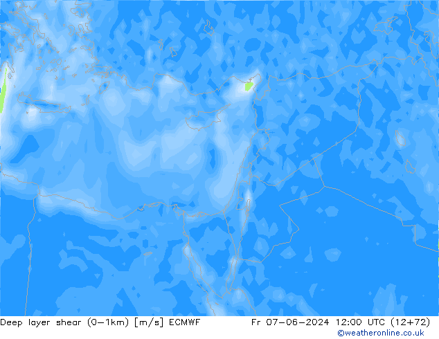 Deep layer shear (0-1km) ECMWF vie 07.06.2024 12 UTC