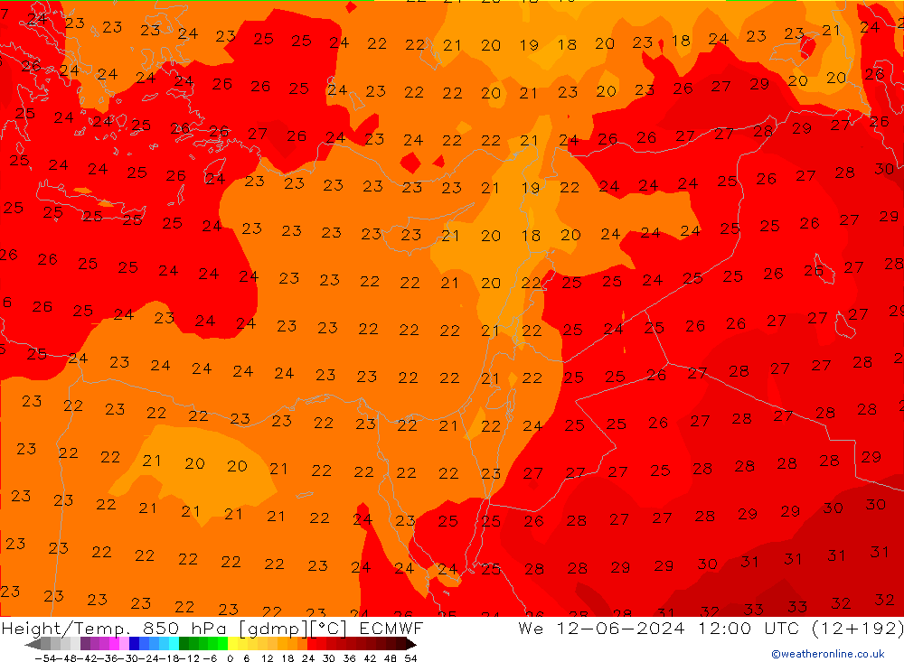 Hoogte/Temp. 850 hPa ECMWF wo 12.06.2024 12 UTC