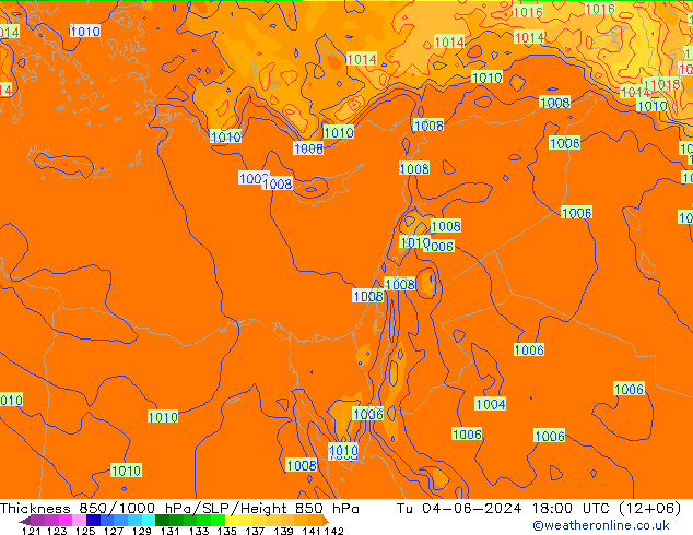 Dikte 850-1000 hPa ECMWF di 04.06.2024 18 UTC