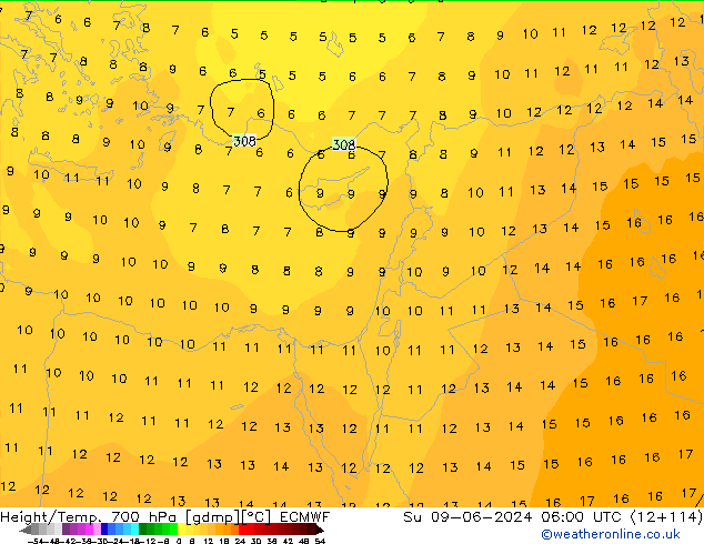 Height/Temp. 700 hPa ECMWF Dom 09.06.2024 06 UTC