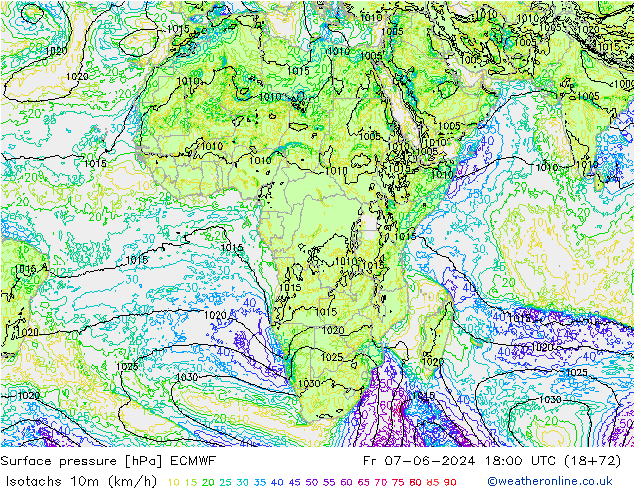 Isotachs (kph) ECMWF пт 07.06.2024 18 UTC