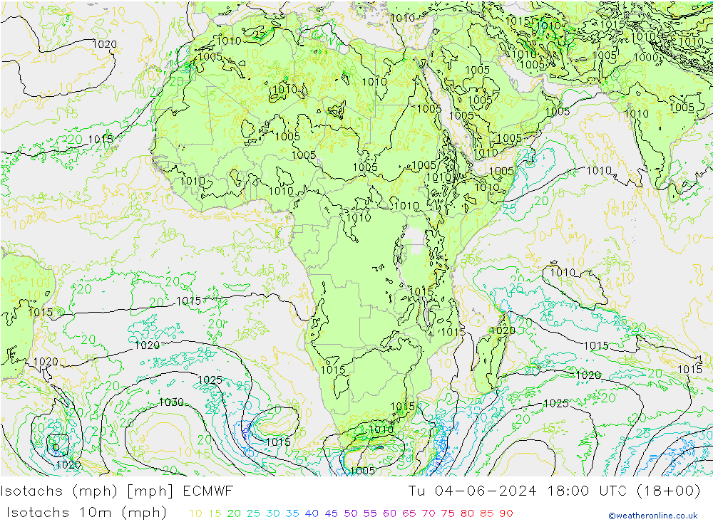 Isotachs (mph) ECMWF  04.06.2024 18 UTC