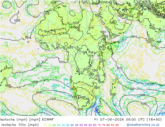 Isotachs (mph) ECMWF пт 07.06.2024 06 UTC