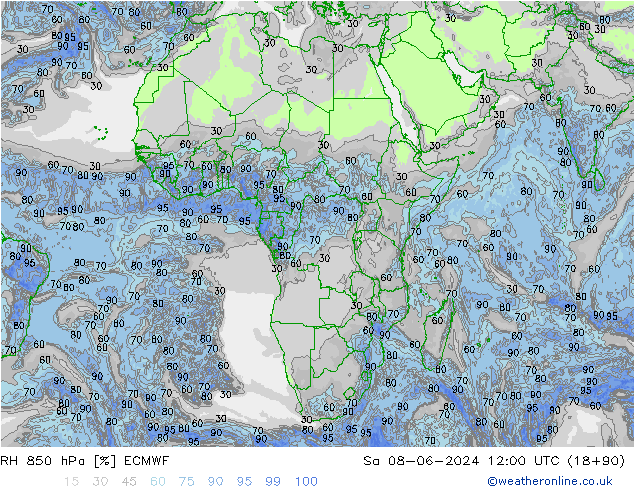 Humedad rel. 850hPa ECMWF sáb 08.06.2024 12 UTC