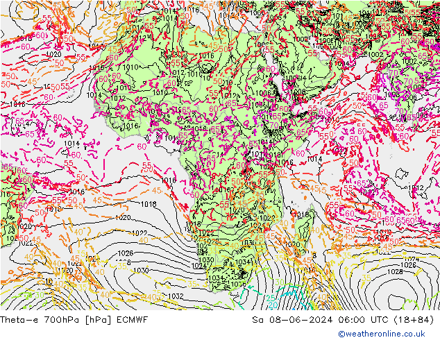 Theta-e 700hPa ECMWF sab 08.06.2024 06 UTC