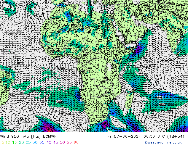 Rüzgar 950 hPa ECMWF Cu 07.06.2024 00 UTC