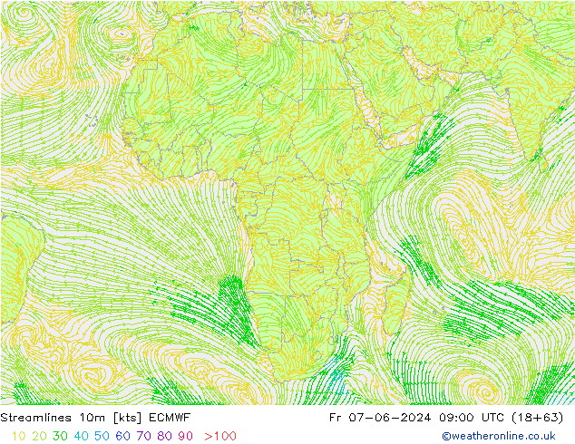 Streamlines 10m ECMWF Pá 07.06.2024 09 UTC