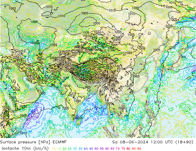 Isotaca (kph) ECMWF sáb 08.06.2024 12 UTC