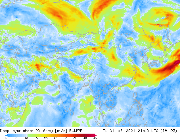 Deep layer shear (0-6km) ECMWF Sa 04.06.2024 21 UTC