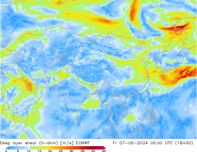 Deep layer shear (0-6km) ECMWF Cu 07.06.2024 06 UTC