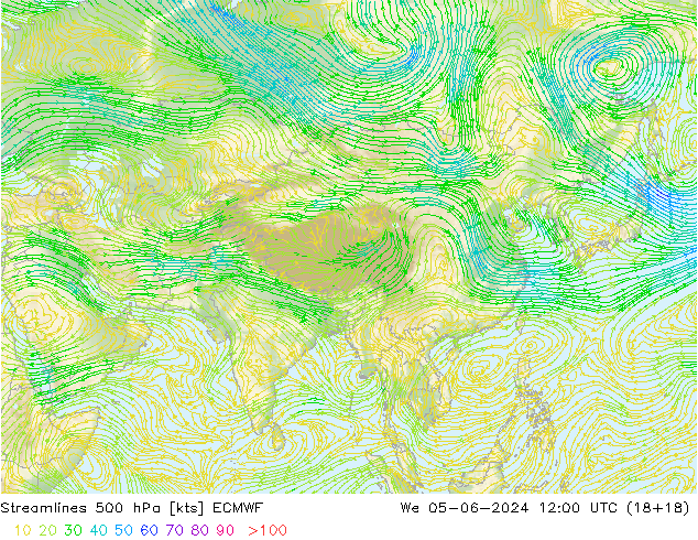 Linha de corrente 500 hPa ECMWF Qua 05.06.2024 12 UTC