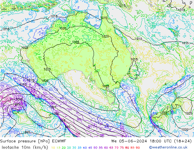 Isotachs (kph) ECMWF mer 05.06.2024 18 UTC