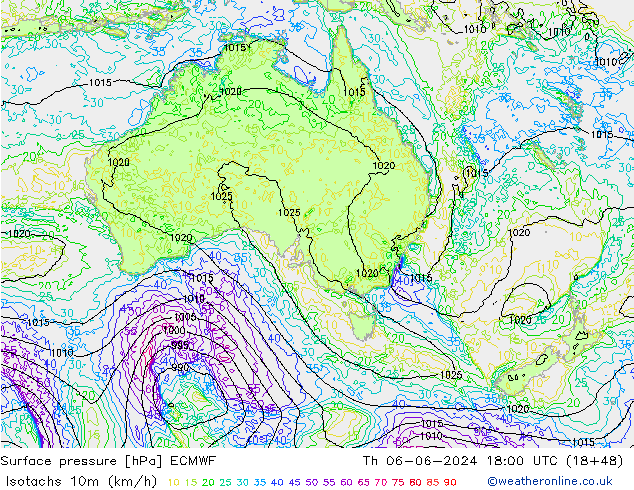 Isotachs (kph) ECMWF Th 06.06.2024 18 UTC