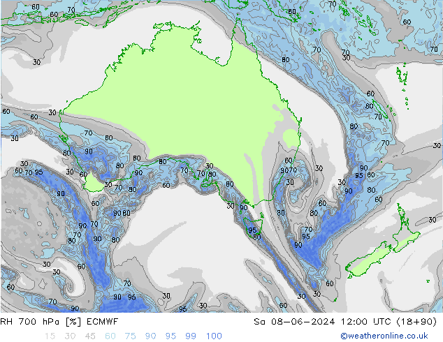 RH 700 hPa ECMWF sab 08.06.2024 12 UTC