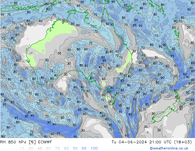 RH 850 hPa ECMWF Tu 04.06.2024 21 UTC