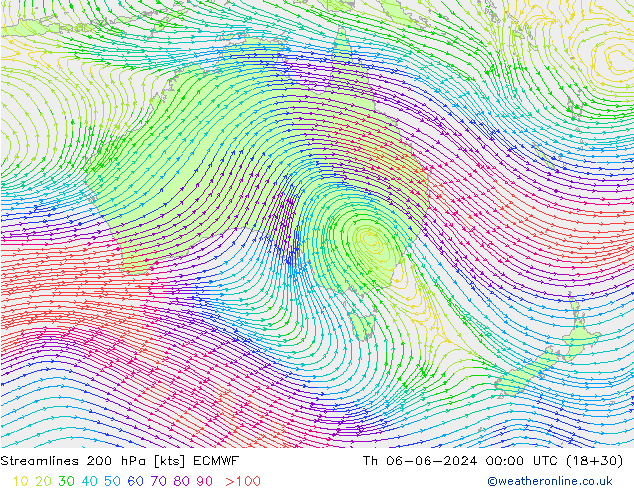 Linia prądu 200 hPa ECMWF czw. 06.06.2024 00 UTC