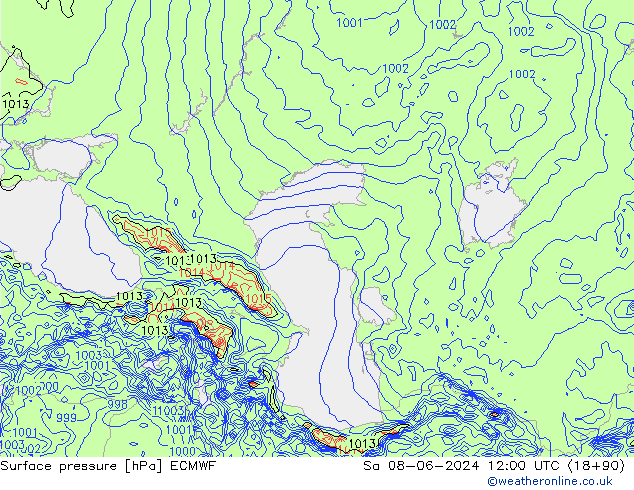 Presión superficial ECMWF sáb 08.06.2024 12 UTC