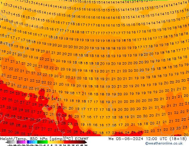 Height/Temp. 850 hPa ECMWF St 05.06.2024 12 UTC