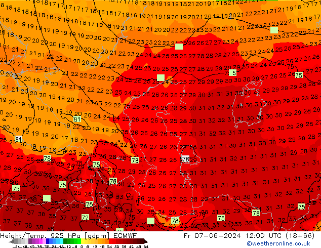 Height/Temp. 925 hPa ECMWF Fr 07.06.2024 12 UTC