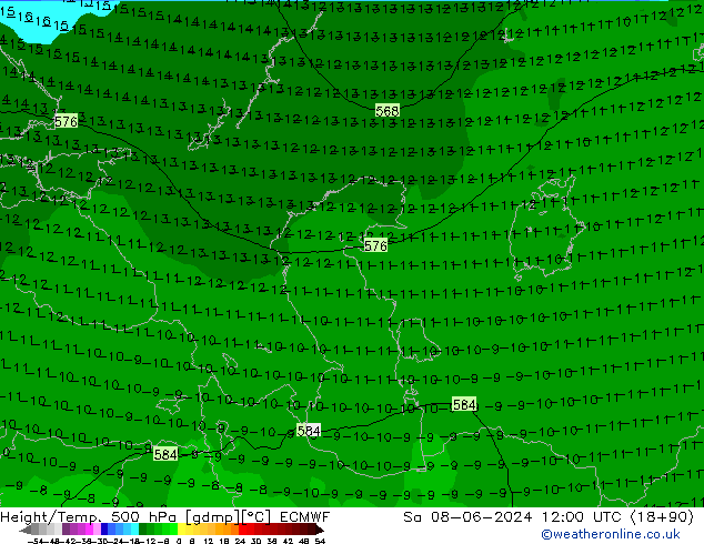 Height/Temp. 500 hPa ECMWF Sa 08.06.2024 12 UTC