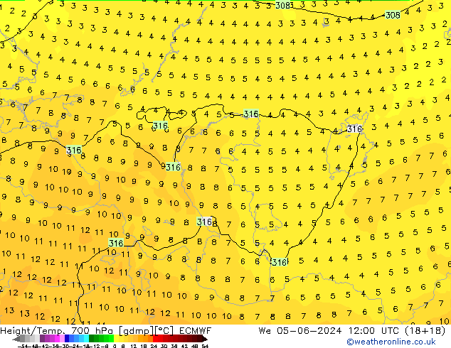 Hoogte/Temp. 700 hPa ECMWF wo 05.06.2024 12 UTC