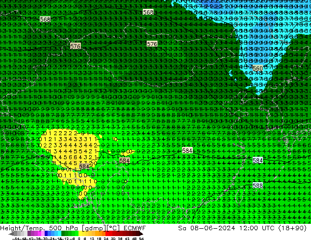 Height/Temp. 500 hPa ECMWF 星期六 08.06.2024 12 UTC