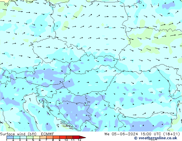 Vento 10 m (bft) ECMWF Qua 05.06.2024 15 UTC