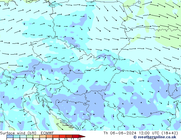 Viento 10 m (bft) ECMWF jue 06.06.2024 12 UTC