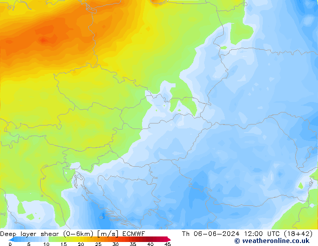 Deep layer shear (0-6km) ECMWF jue 06.06.2024 12 UTC