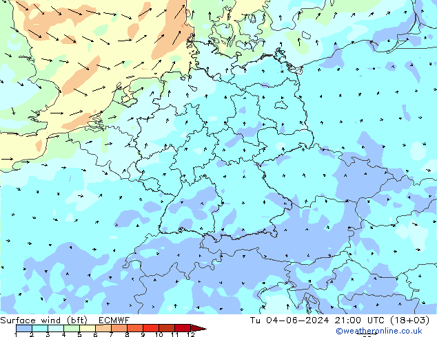 Viento 10 m (bft) ECMWF mar 04.06.2024 21 UTC