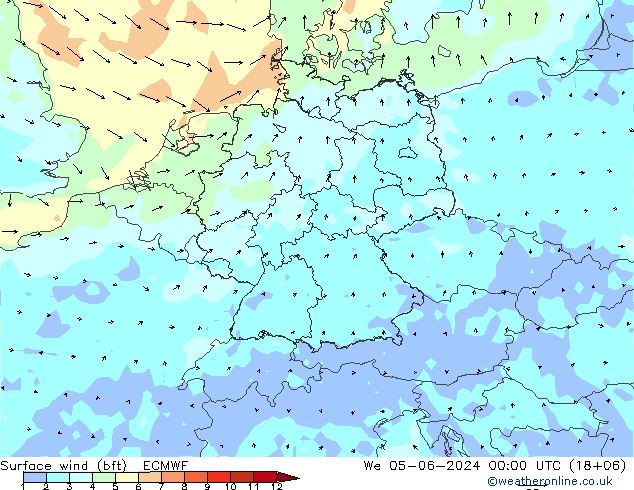 �N 10 米 (bft) ECMWF 星期三 05.06.2024 00 UTC