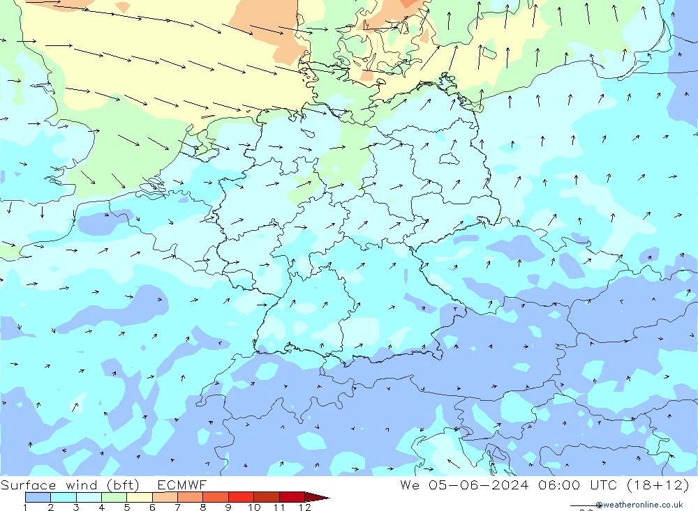 �N 10 米 (bft) ECMWF 星期三 05.06.2024 06 UTC