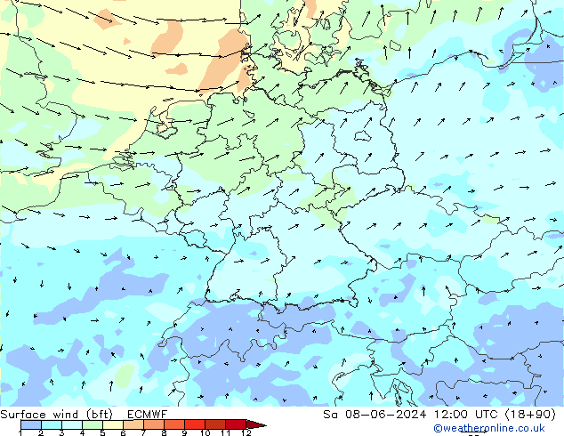 Vento 10 m (bft) ECMWF Sáb 08.06.2024 12 UTC