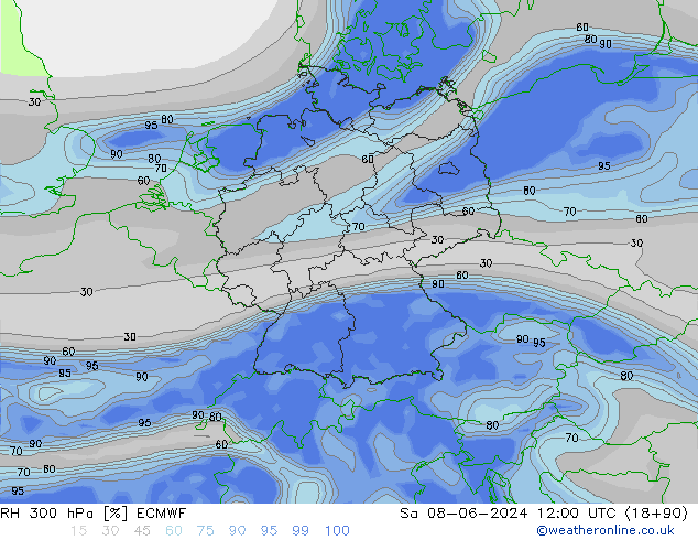 RH 300 гПа ECMWF сб 08.06.2024 12 UTC