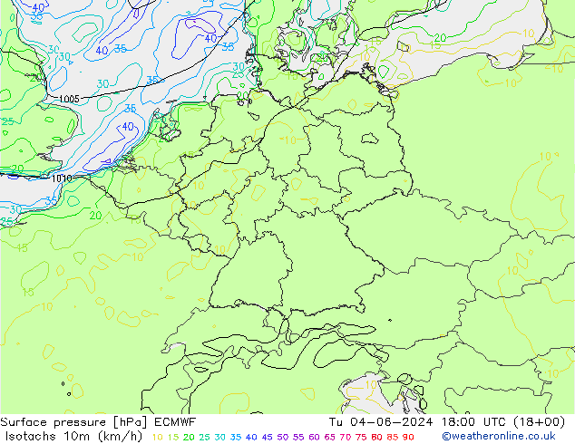 Isotachen (km/h) ECMWF Di 04.06.2024 18 UTC