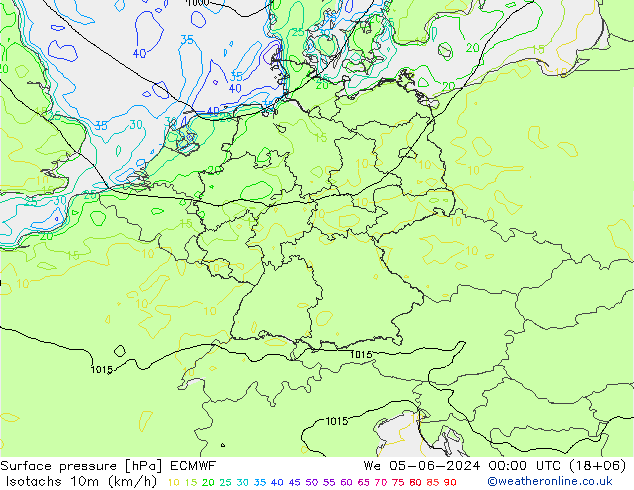 Isotaca (kph) ECMWF mié 05.06.2024 00 UTC