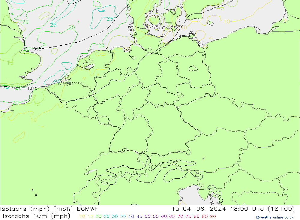 Isotachs (mph) ECMWF 星期二 04.06.2024 18 UTC