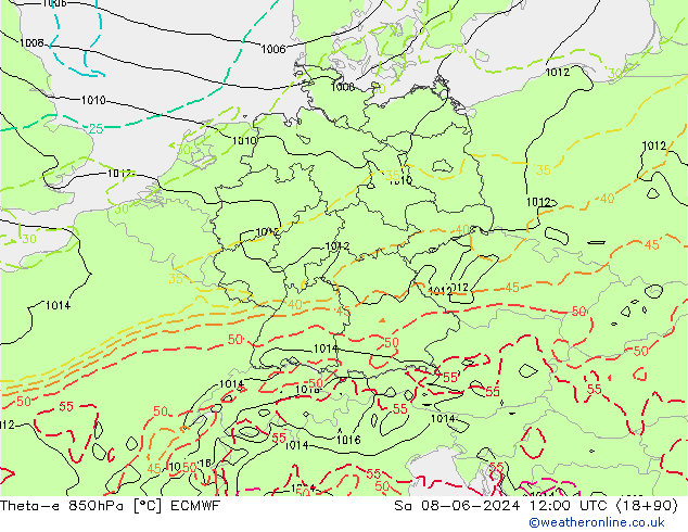 Theta-e 850hPa ECMWF Sáb 08.06.2024 12 UTC