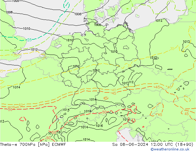 Theta-e 700hPa ECMWF so. 08.06.2024 12 UTC