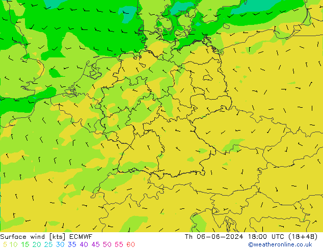 Vento 10 m ECMWF gio 06.06.2024 18 UTC