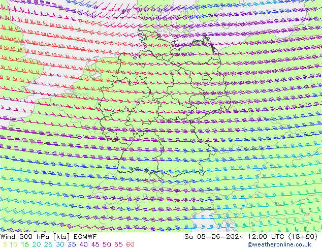 wiatr 500 hPa ECMWF so. 08.06.2024 12 UTC