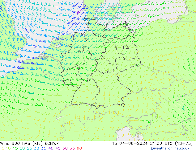 风 900 hPa ECMWF 星期二 04.06.2024 21 UTC