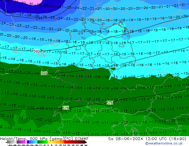 Height/Temp. 500 hPa ECMWF so. 08.06.2024 12 UTC