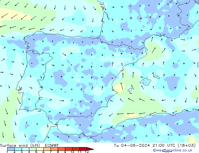 Vento 10 m (bft) ECMWF Ter 04.06.2024 21 UTC