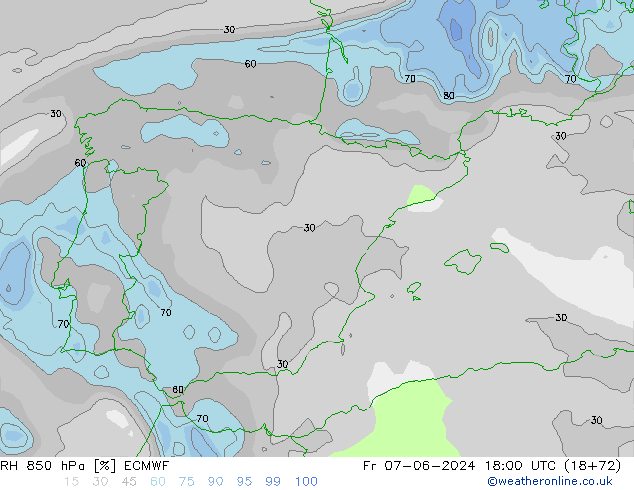 Humedad rel. 850hPa ECMWF vie 07.06.2024 18 UTC