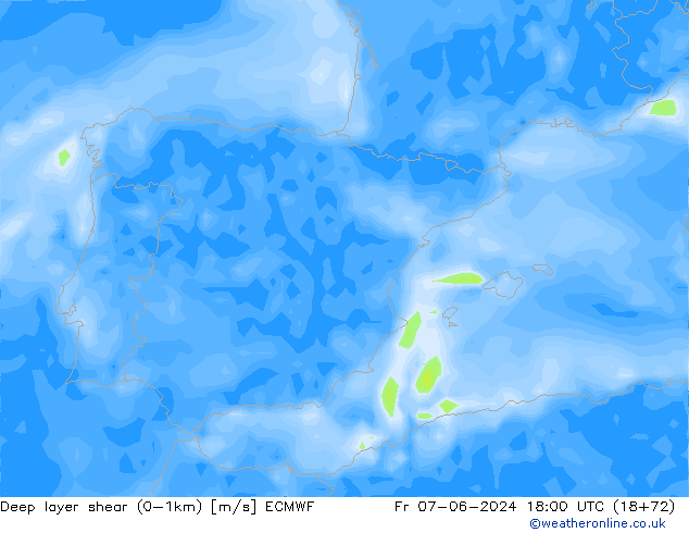 Deep layer shear (0-1km) ECMWF vie 07.06.2024 18 UTC