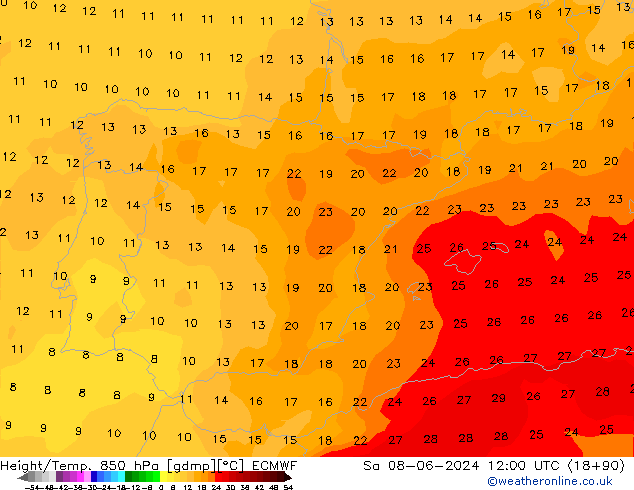 Géop./Temp. 850 hPa ECMWF sam 08.06.2024 12 UTC