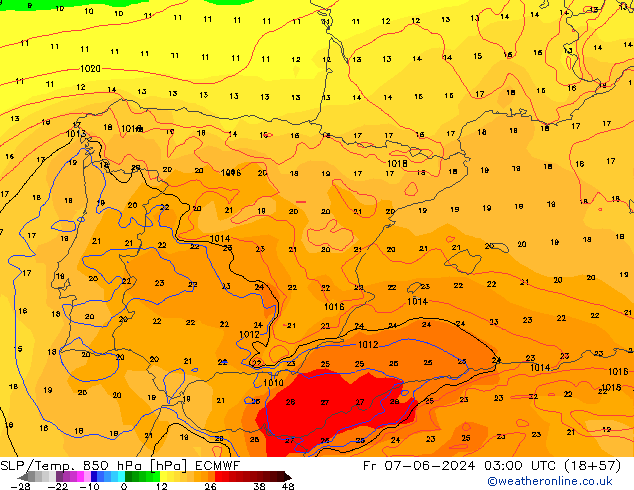 SLP/Temp. 850 hPa ECMWF vie 07.06.2024 03 UTC