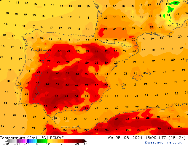 Sıcaklık Haritası (2m) ECMWF Çar 05.06.2024 18 UTC